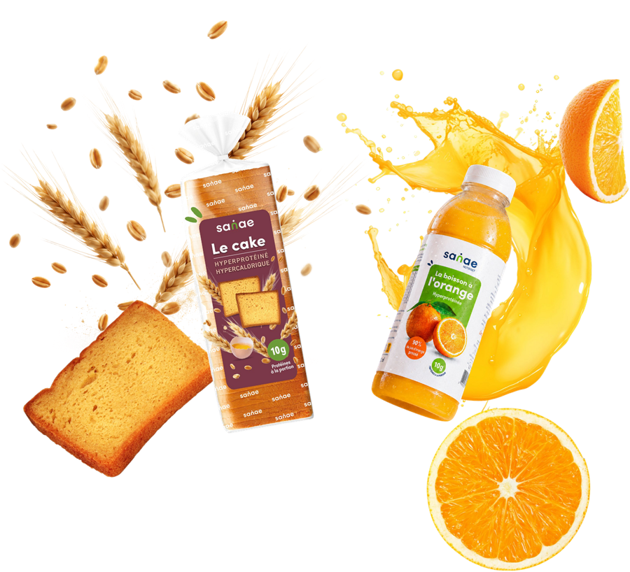 La boisson à l’orange et le cake Sanae, entourés d’oranges et d’épis de blé